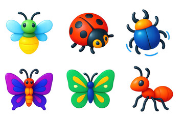 Whimsical Bug Icons. 3D icon set of whimsical bugs: flying firefly, spinning ladybug, bouncing beetle, dancing moth, shimmering