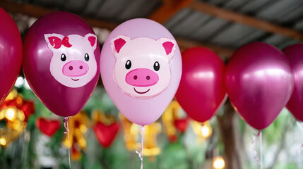 Pink and magenta balloons featuring cute pig faces, decorating a celebration space for a children's party