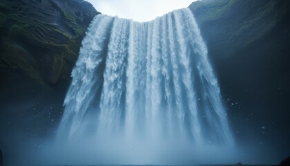 Majestic curtain of water thundering over a dark, moss-covered cliff face in a moody and atmospheric scene, viewed from a low angle perspective with spray
