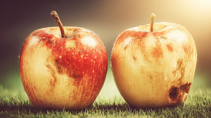 Spoiled apples showing decay and damage on green grass, representing waste, imperfection, and loss