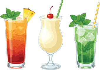 Tropical drinks illustration, summer beverages, cocktail mocktail, refreshing drinks, fruit garnish, beach vibe, colorful glasses, flat vector illustration