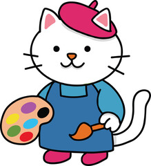 Cartoon artist cat, painting character, creative animal, art palette, kids content, cute feline, fun design, flat vector illustration
