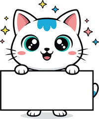Cute white cartoon cat, holding blank sign, smiling kitten character, colorful sparkles, kawaii style, isolated, flat vector illustration