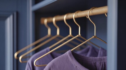 Row of gold-colored clothes hangers hanging on a wooden rack against a dark blue wall. the hangers are arranged in a horizontal line and are of different sizes and shapes.