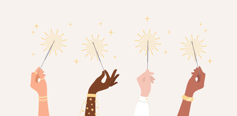 Hands of women of different nationalities and skin tones holding burning sparklers. Flat vector illustration