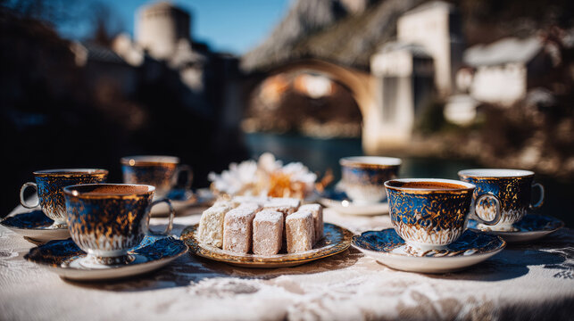 Traditional Bosnian coffee cups and lokum on a table, experiencing local culture and hospitality outdoors