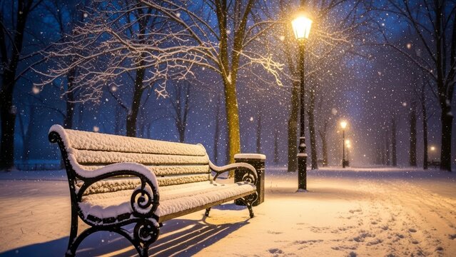 Snowy park bench under a lamppost on a cold, quiet winter night.