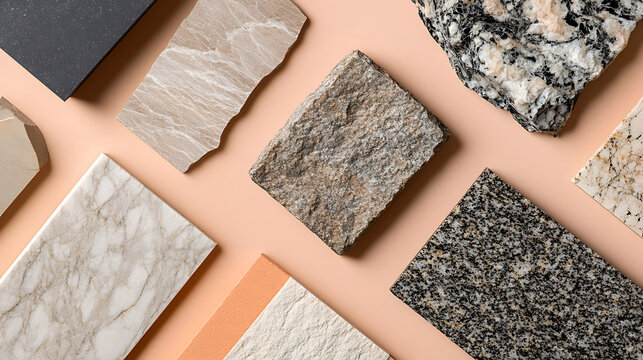 Assortment of stone and granite samples displayed on a peach surface, highlighting varied textures, colors, and potential applications in construction or design projects.