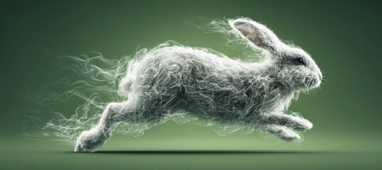 Dynamic Smoke Rabbit Leaping on Green Background