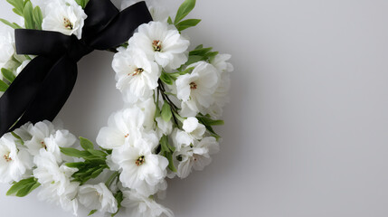 Elegant white floral wreath with black ribbon on a plain white background