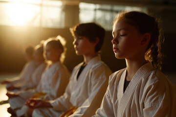 Teenage girl in kimono sitting in front of her trainer during martial arts class