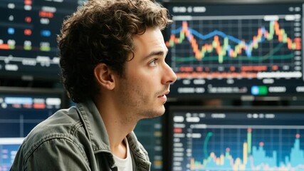 Focused young man sits in front of multiple monitors displaying colorful stock charts and trading graphs, representing financial analysis and investment decision making. - Powered by Adobe