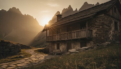 Rustic old stone and wood mountain cabin with a cobblestone path leading to it, illuminated by the warm, hazy light of a dramatic sunrise