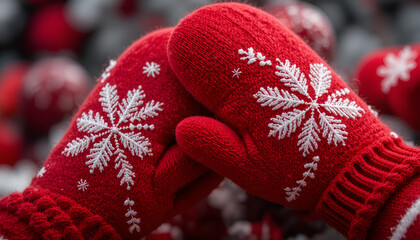 Close up view of a pair of bright red winter knitted mittens adorned with detailed white embroidered snowflakes perfect for cold weather outdoor activities and holiday celebrations
