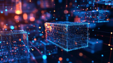 Dynamic blockchain technology visualization with vibrant blue and orange glowing nodes for a modern, futuristic design concept, perfect for tech innovations