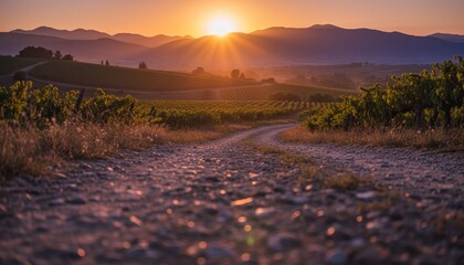 Winding gravel road leads through a beautiful vineyard on rolling hills during a warm and vibrant sunset with sunbeams shining over distant mountains in a peaceful rural landscape