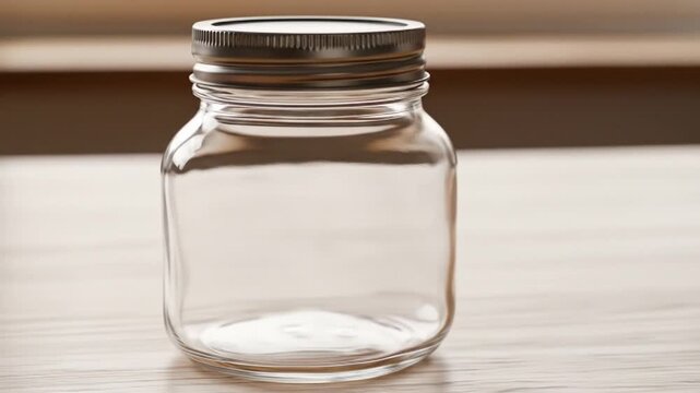 Close-up view of multiple empty clear glass jars with metallic lids on a wooden table surface