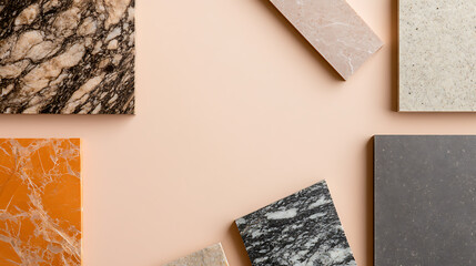 Assorted stone and marble samples are organized on a light peach background. The focus is on texture and color variation for design and construction projects. Flat lay.