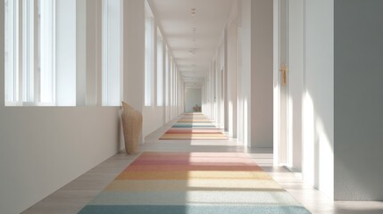 Obraz premium Long corridor with a colorful striped rug on the floor. the corridor has white walls on both sides and large windows on the left and right sides, allowing natural light to enter the space.
