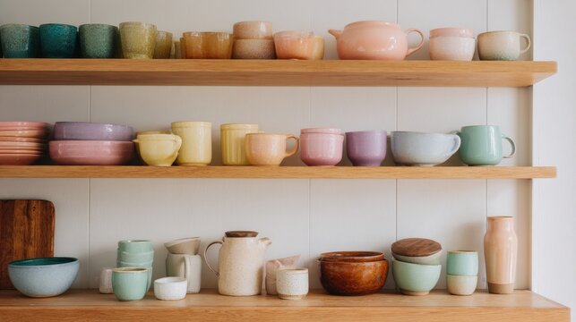 Two wooden shelves attached to a white wall. on the left shelf, there are several ceramic dishes and cups in different colors and sizes. - Powered by Adobe