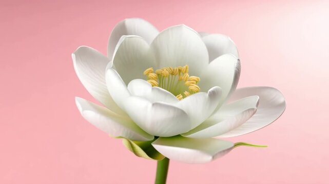 Close-up of a white flower with a pink background. The flower displays delicate petals and a vibrant yellow center Stock Video
