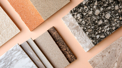 An array of stone and tile samples showcased on a solid background, offering a glimpse into interior design materials for a home renovation project. #interiordesign