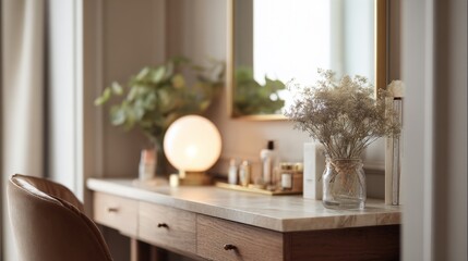Wooden dressing table with a mirror above it. on the table, there is a vase with dried flowers in it, a small lamp, and a few bottles of perfume.