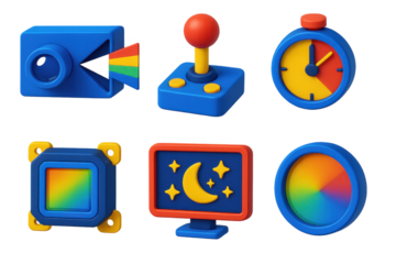 Collection of blue and yellow objects, including a camera, a joystick, a clock