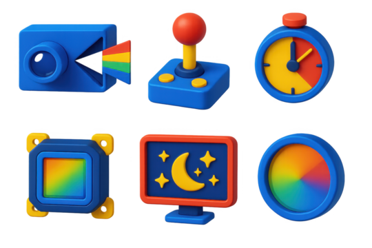 Collection of blue and yellow objects, including a camera, a joystick, a clock