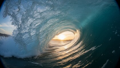 Powerful blue ocean wave curling into a perfect barrel with a beautiful golden sunset visible through the tube, captured from an immersive inside water perspective