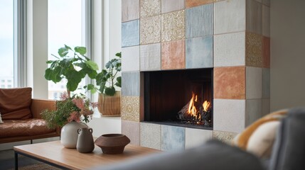 Modern living room with a fireplace. the fireplace is made up of different colored tiles in different shades of blue, orange, and beige.