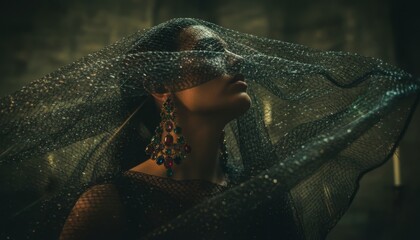 Elegant mysterious woman wearing a sparkling black veil and large gemstone earrings looks up in a dramatic, moody, low-key lighting portrait with a cinematic aesthetic