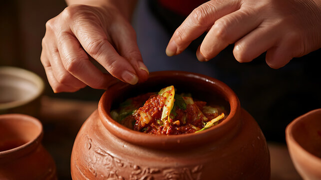 Crafting homemade kimchi. A person puts kimchi into traditional earthen pot. It reflects dedication, tradition, and culinary skill in the preparation of Korean cuisine.