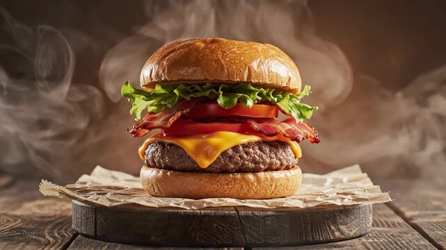 Deconstructed cheeseburger with bacon and fresh vegetables in smoky presentation
