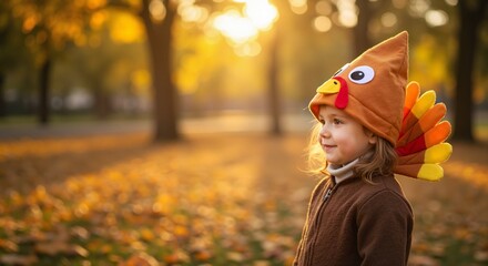 Smiling girl, side view, wearing fun turkey hat with feathers, blurred autumn park in background with golden leaves, copy space. Thanksgiving celebration concept, happy kid and family day in park