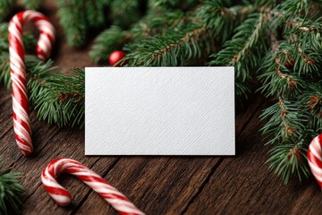 Blank white postcard on striped envelope surrounded by pine branches and candy cane for Christmas