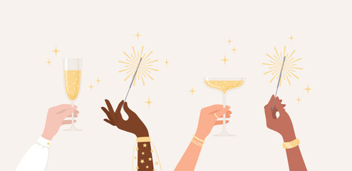 Hands of women of different nationalities and skin tones holding glasses of sparkling wine and burning sparklers. Flat vector illustration