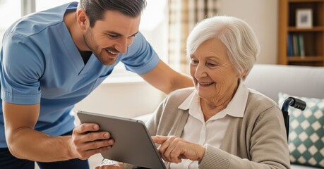 smiling caucasian male nurse helps senior woman in wheelchair use digital tablet. home care and technology concept. healthcare brochure, website header, banner.