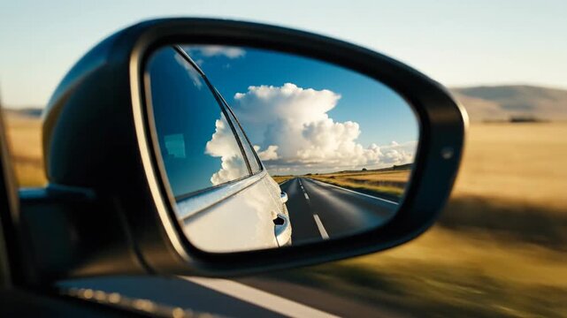 Car side mirror reflection of open road and blue sky with clouds travel journey
