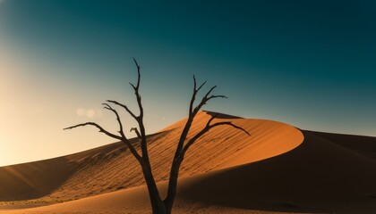 Solitary dead tree with gnarled, bare branches creates a dramatic silhouette against a sweeping orange sand dune under a clear gradient sky at sunset