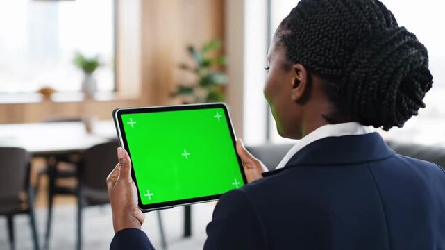 Modern bir ofis ortamında oturan iş kadınının elinde yeşil ekran (green screen) i&ccedil;eriğe hazır bir tablet tuttuğu profesyonel &ccedil;ekim. Teknoloji, iş d&uuml;nyası, dijital i&ccedil;erik ve kurumsal sunum temaları i&ccedil;i