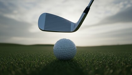Golf club iron is poised over a white dimpled ball on a green fairway, captured from a dramatic low angle perspective during a serene sunrise with a cloudy sky