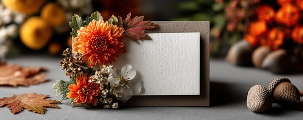 Naklejka premium Autumnal white card surrounded by leaves, berries, and chestnuts for festive or seasonal display