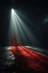 A dramatic photorealistic red carpet staircase illuminated by a single spotlight in darkness
