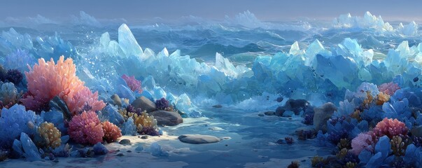 Cartoon icy seascape with floating icebergs and blue Arctic water under a bright sky