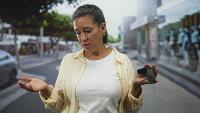 Middleaged woman shrugging while holding car keys on a street with storefront mannequins and parked vehicle; frustration uncertainty.