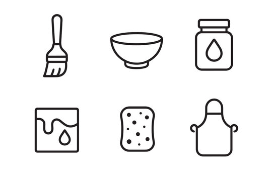 Set of six black line art icons for pottery and ceramics, featuring a paintbrush, bowl, glaze jar, sponge, and apron, illustrating a creative hobby or workshop theme