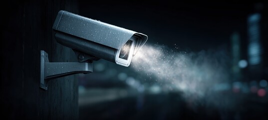 Surveillance Camera Formed from Smoke on Dark Urban-Tech Background