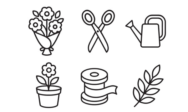 Set of six black line icons for floristry and gardening, including a bouquet, scissors, watering can, potted flower, ribbon, and a leafy branch in a simple minimalist style