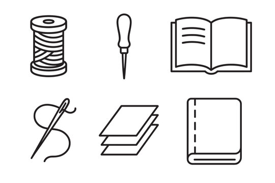 Set of black line art icons representing bookbinding and sewing crafts, featuring a book, thread, needle, awl, and paper in a clean, minimalist outline style